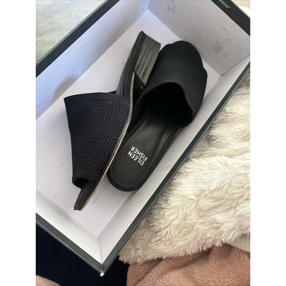 Eileen Fisher Noko Womens Slides Sz 6.5 Low Heel Black Stretch Slip-On Sandals